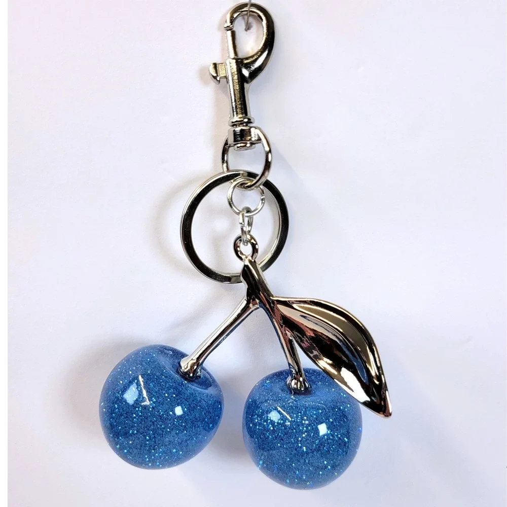 Bag Charm Keychain Glitter Resin Double Cherry Blue Women Retro Whimsical